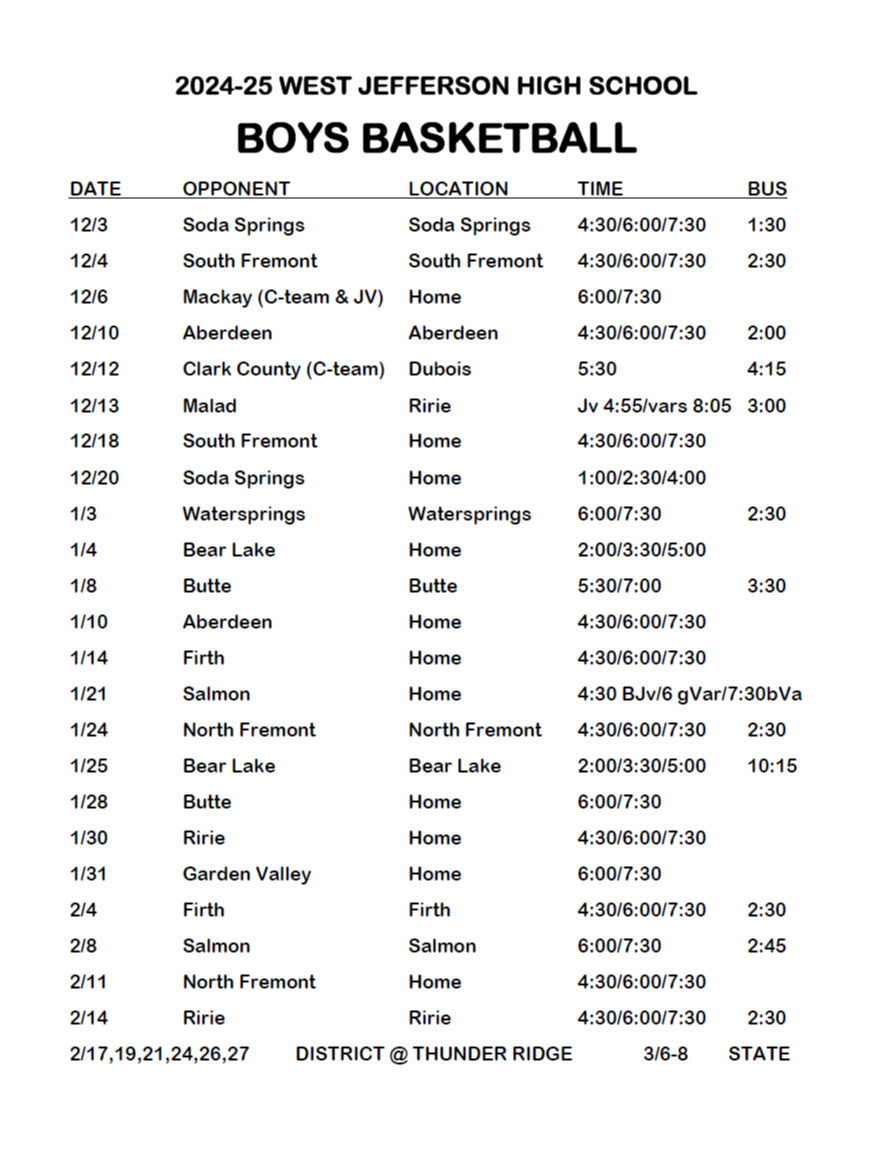 HS Boys Basketball Schedule