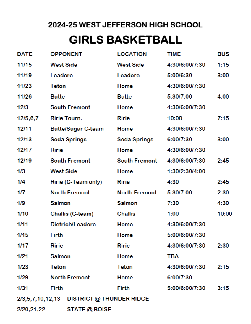 HS Girls Basketball Schedule