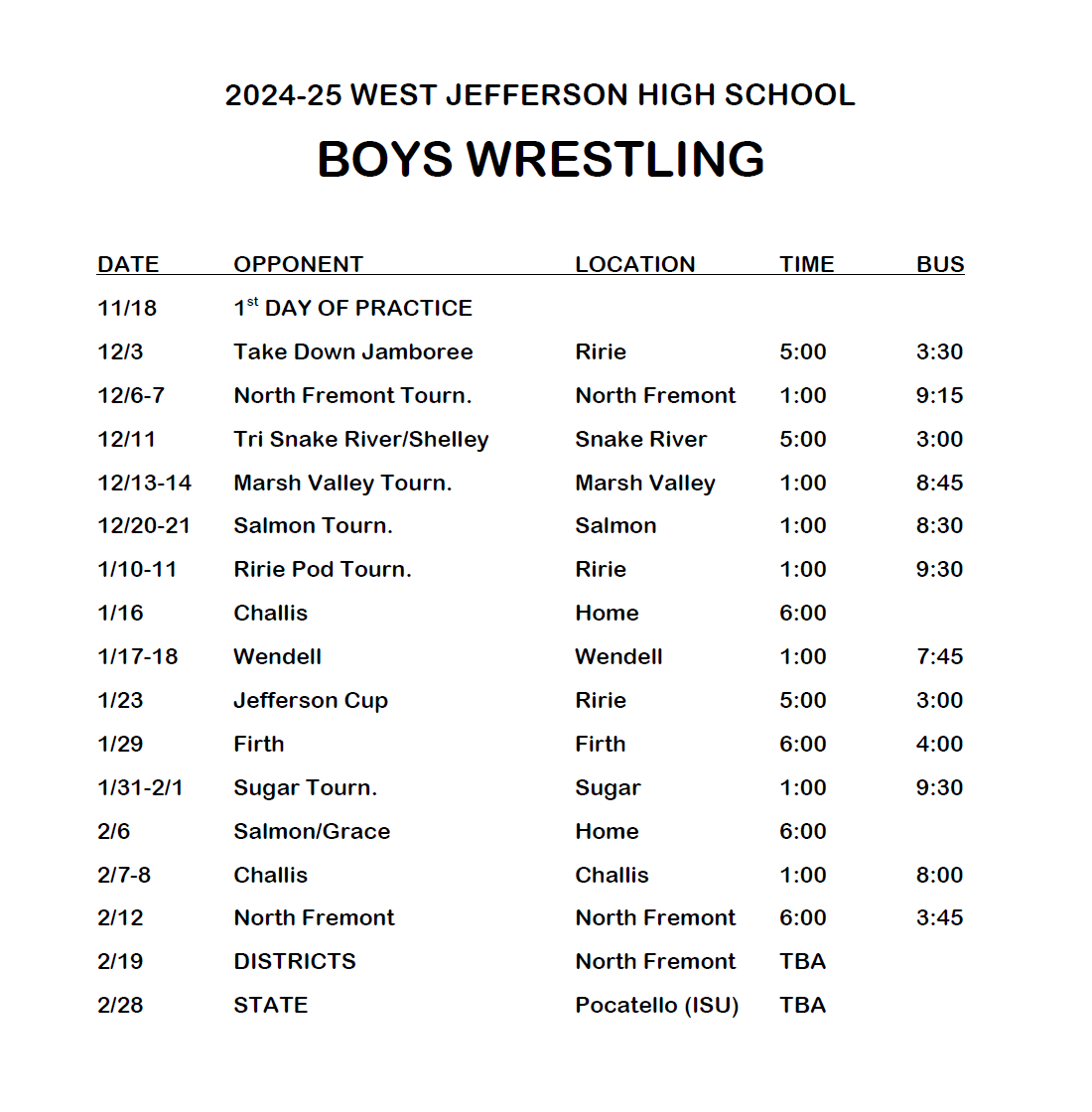 HS Boys Wrestling Schedule