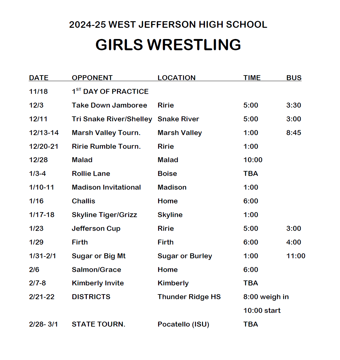 HS Girls Wrestling Schedule