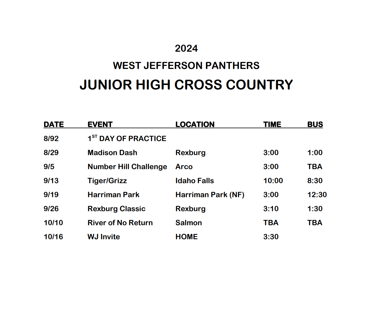 JH Cross Country Schedule