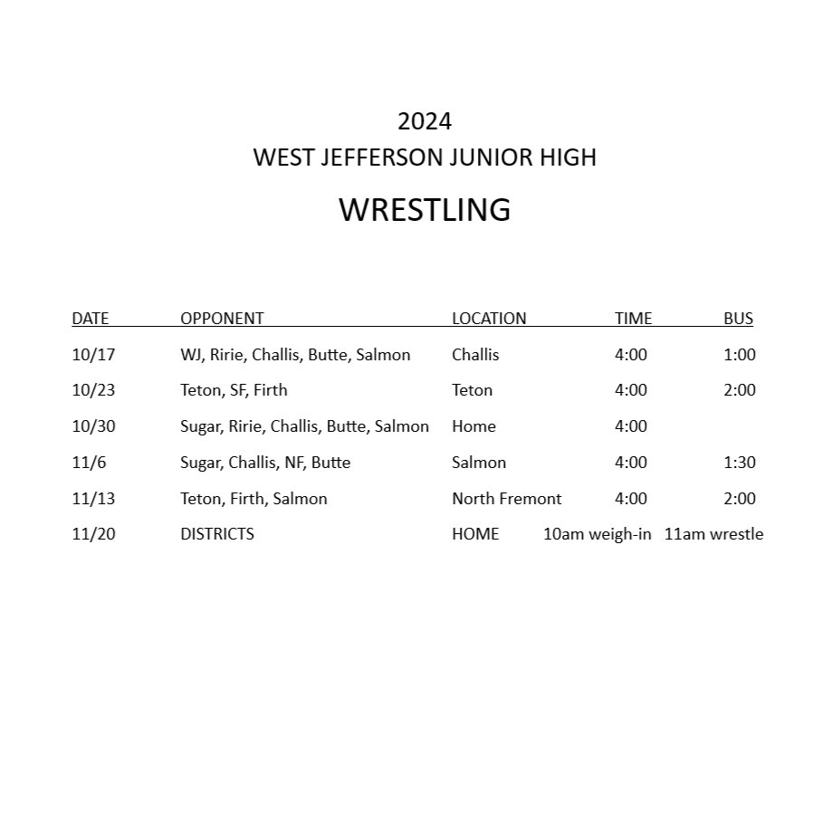 JH Wrestling Schedule