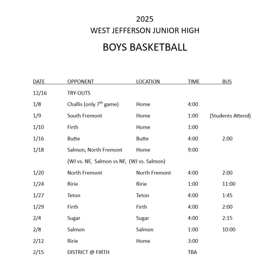 JH Boys Basketball Schedule