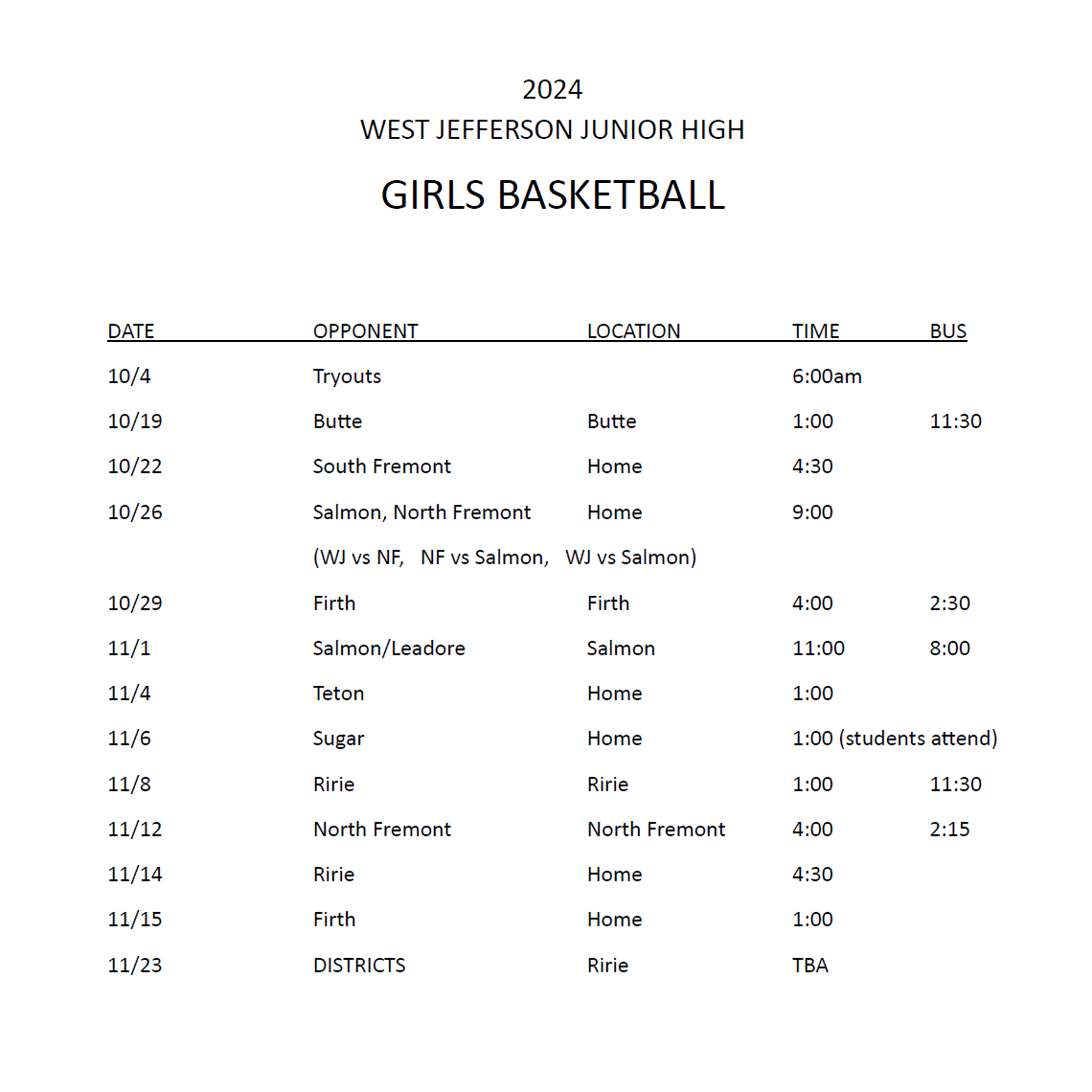 JH Girls Basketball Schedule