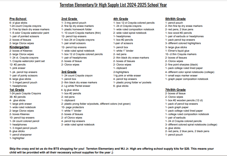 2024-25 TE School Supply List