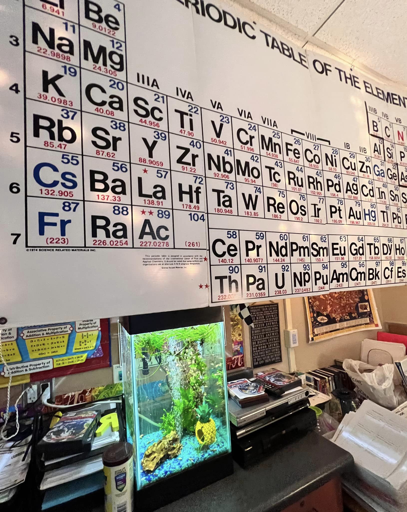 Science class room with periodic table and fish tank