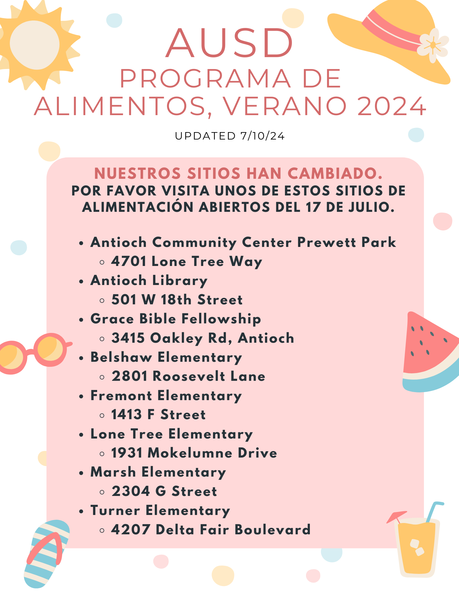 In Spanish, list of remaining open summer feeding sites starting on July 17th.