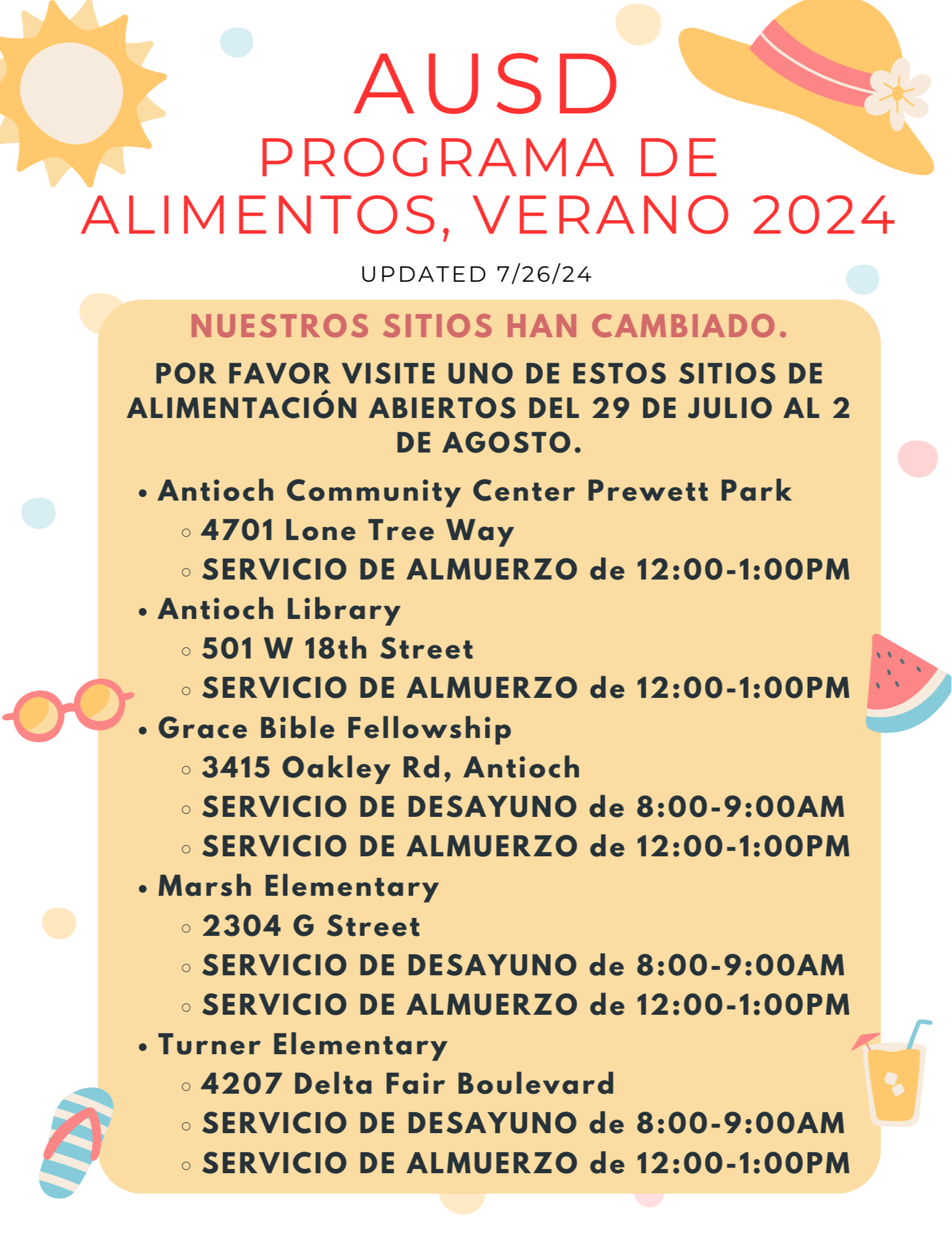 In Spanish, list of remaining open summer feeding sites starting on July 17th.