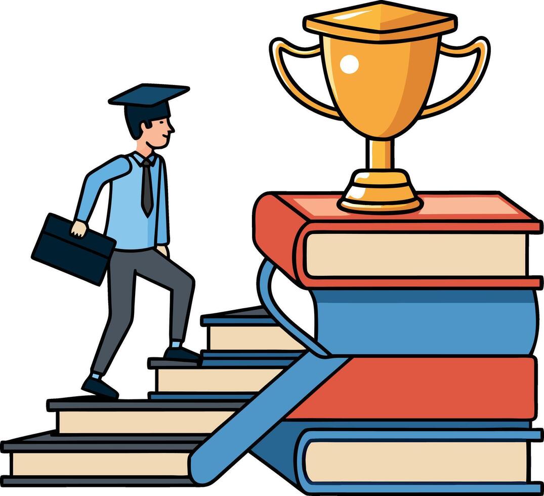 man walking up book stairs