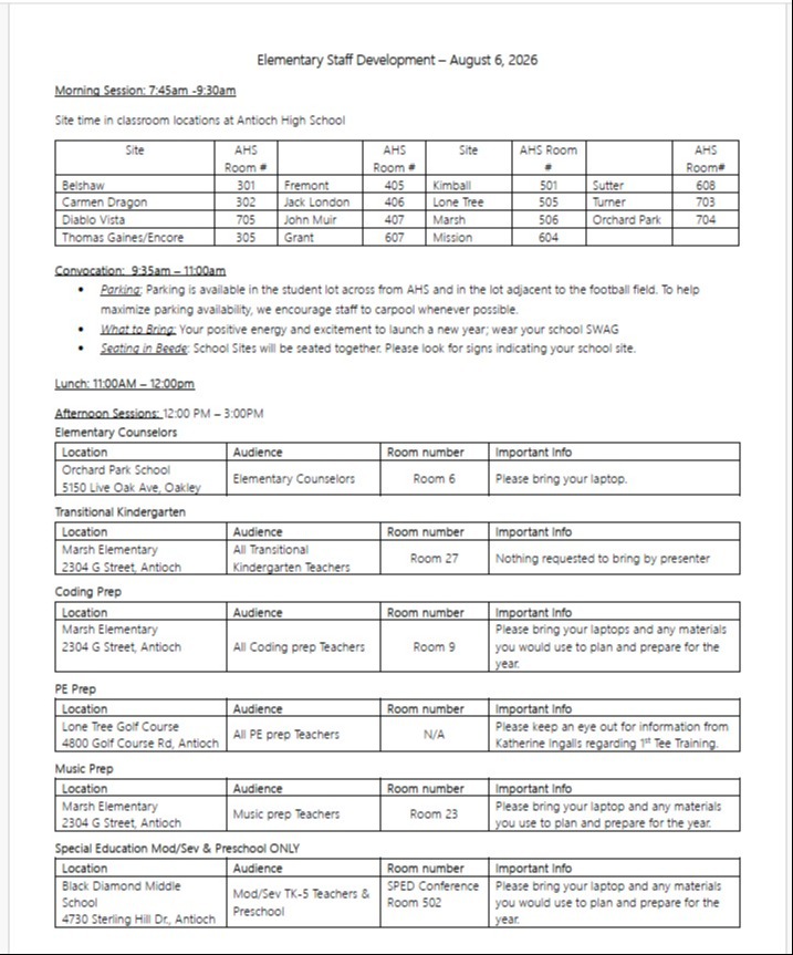 Elementary TK-5 Staff Development Schedule