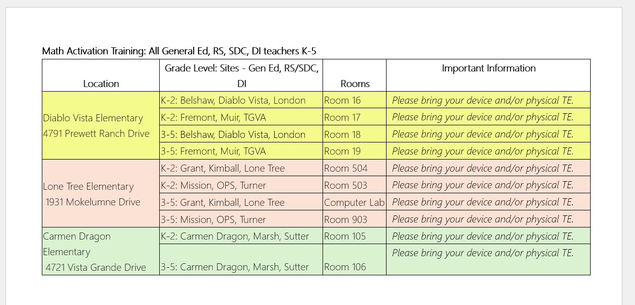 elementary schedule