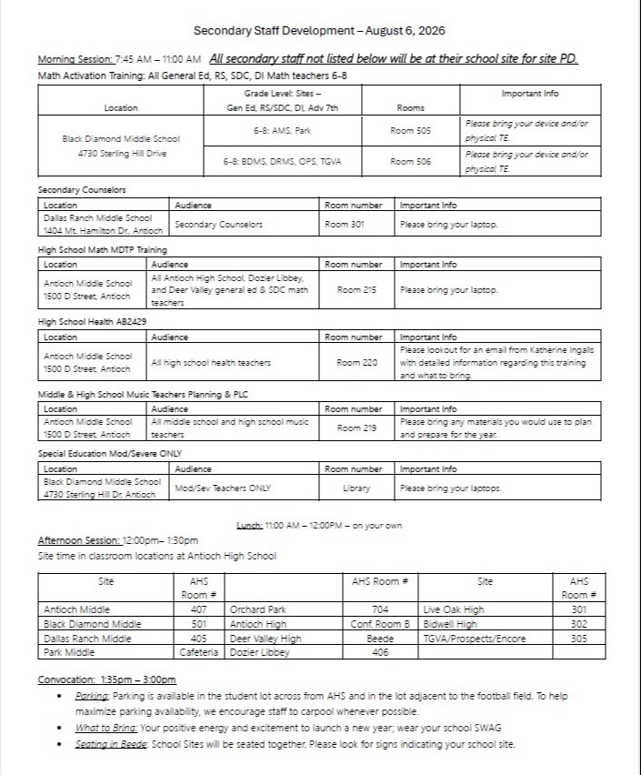 Secondary Staff Development Schedule