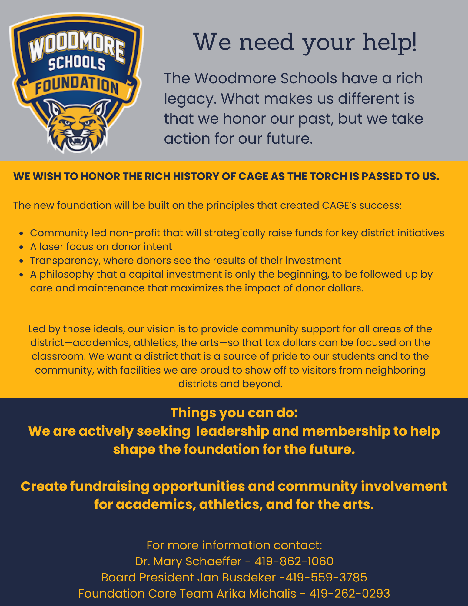 Woodmore Schools Foundation needs your help! We are a community led non-profit that will strategically raise funds for key district initiatives, and are actively seeking leadership and membership to help shape the foundation for the future. For more information, contact: Dr. Mary Schaeffer: 419-862-1060 Board President, Jan Busdeker: 419-559-3785 Foundation Core Team Arika Michalis: 419-262-0293
