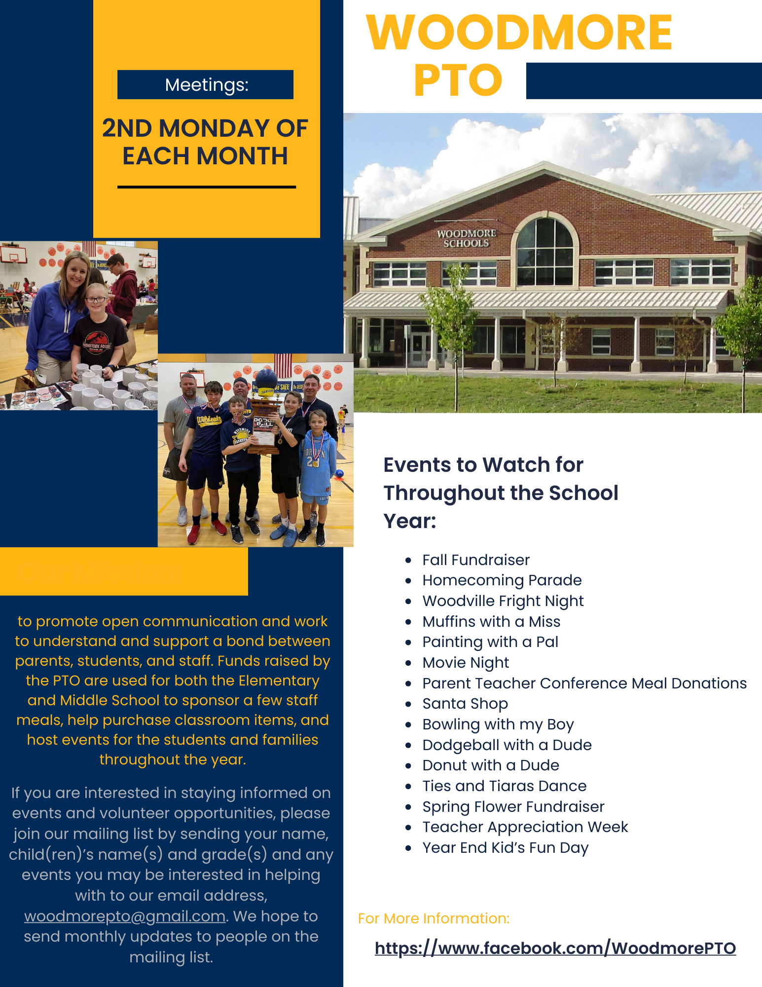 The Woodmore PTO meets the 2nd Monday of each month. Funds raised by the PTO are used for both the Elementary and the Middle School to sponsor a few staff meals, help purchase classroom items, and host events for the students and families throughout the year. If you are interested in staying informated on events and volunteer opportunities, please join our mailing list by sending your name, child(ren)'s name(s) and grade(s) and any events you may be interested in helping with to our email address, woodmorepto@gmail.com. For more information, please visit: https://www.facebook.com/WoodmorePTO