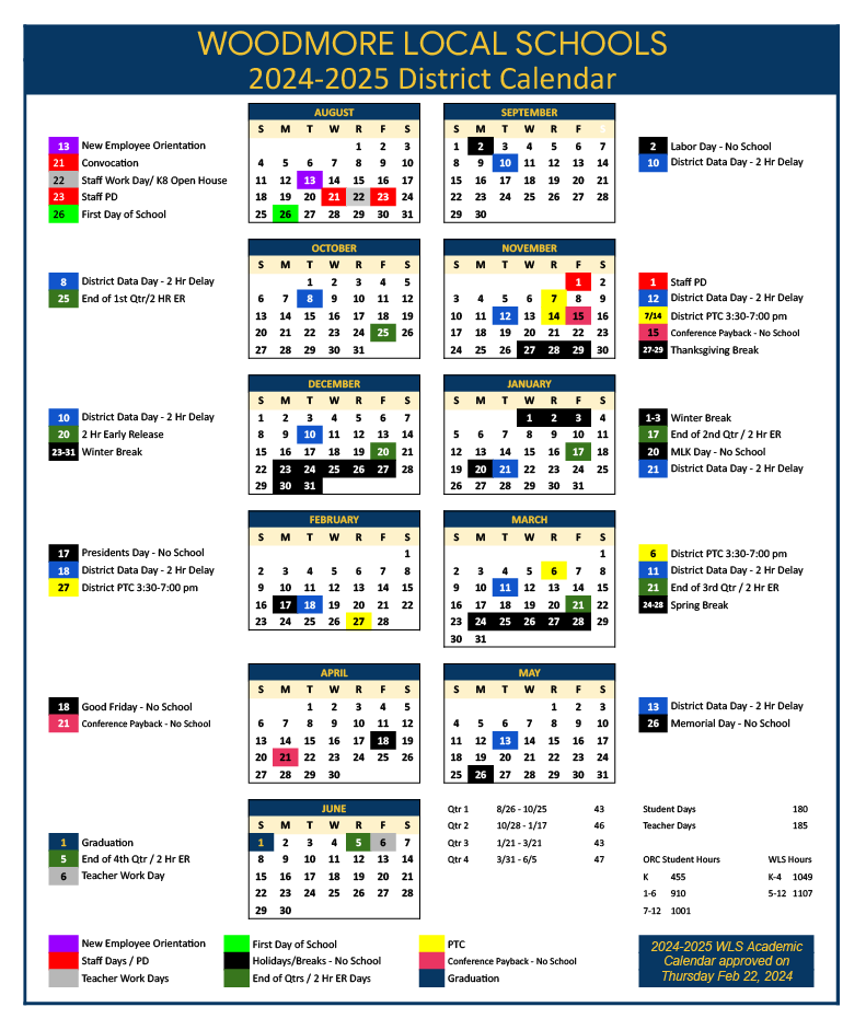 This is an image of the 2024-2025 District Calendar. A pdf of this same calendar can be found by clicking on the blue button underneath this image.