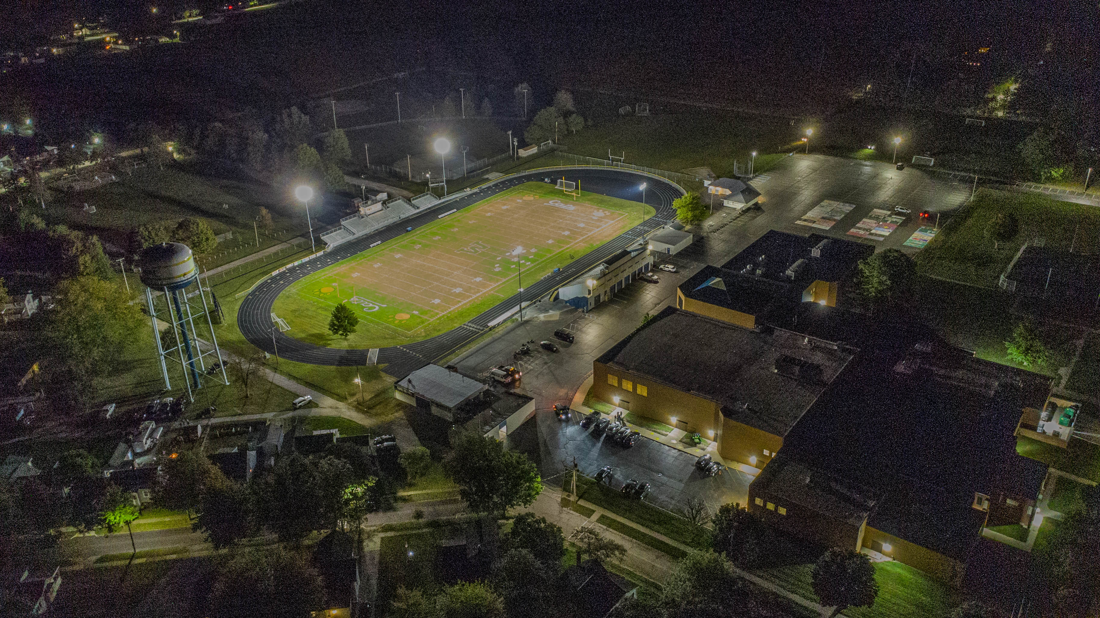 Woodmore High School and Stadium Aerial photo taken at night