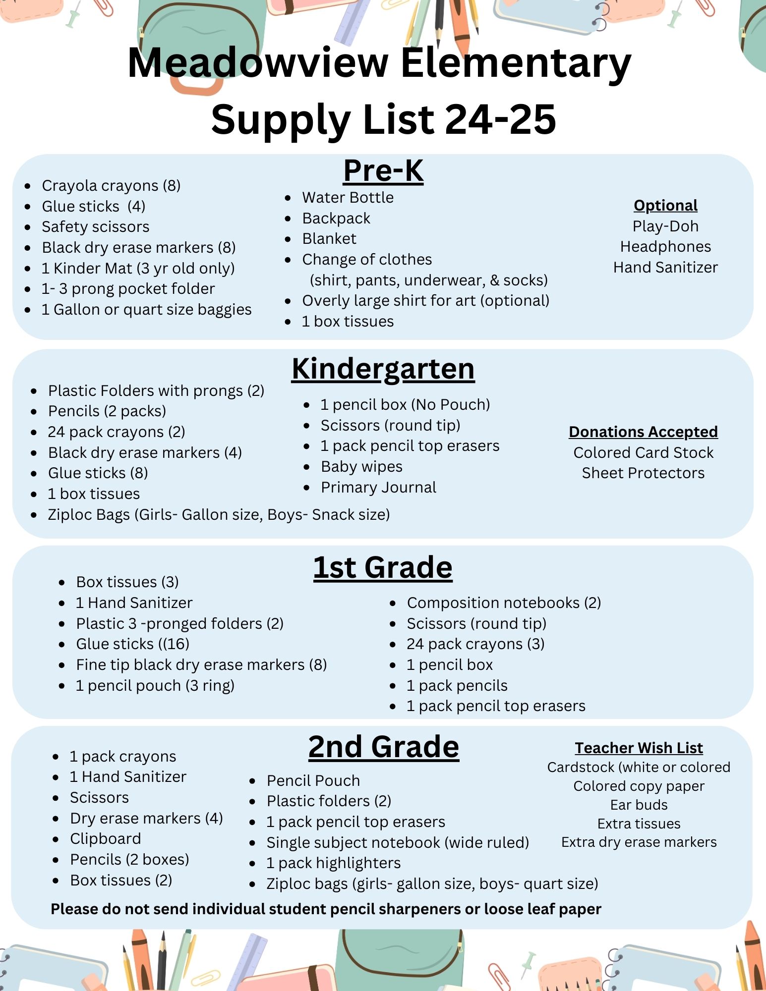 2024-2025 Supply Lists | Meadowview Elementary