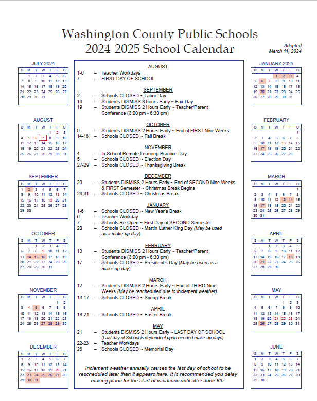 2024-2025 WCPS Calendar  Meadowview Elementary