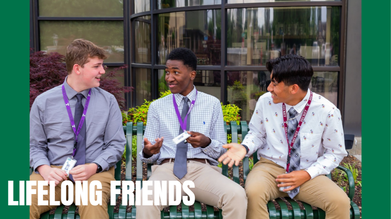 3 students sitting and talking. lifelong friends