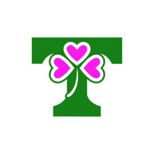 a green t logo with 3 pink hearts in the middle