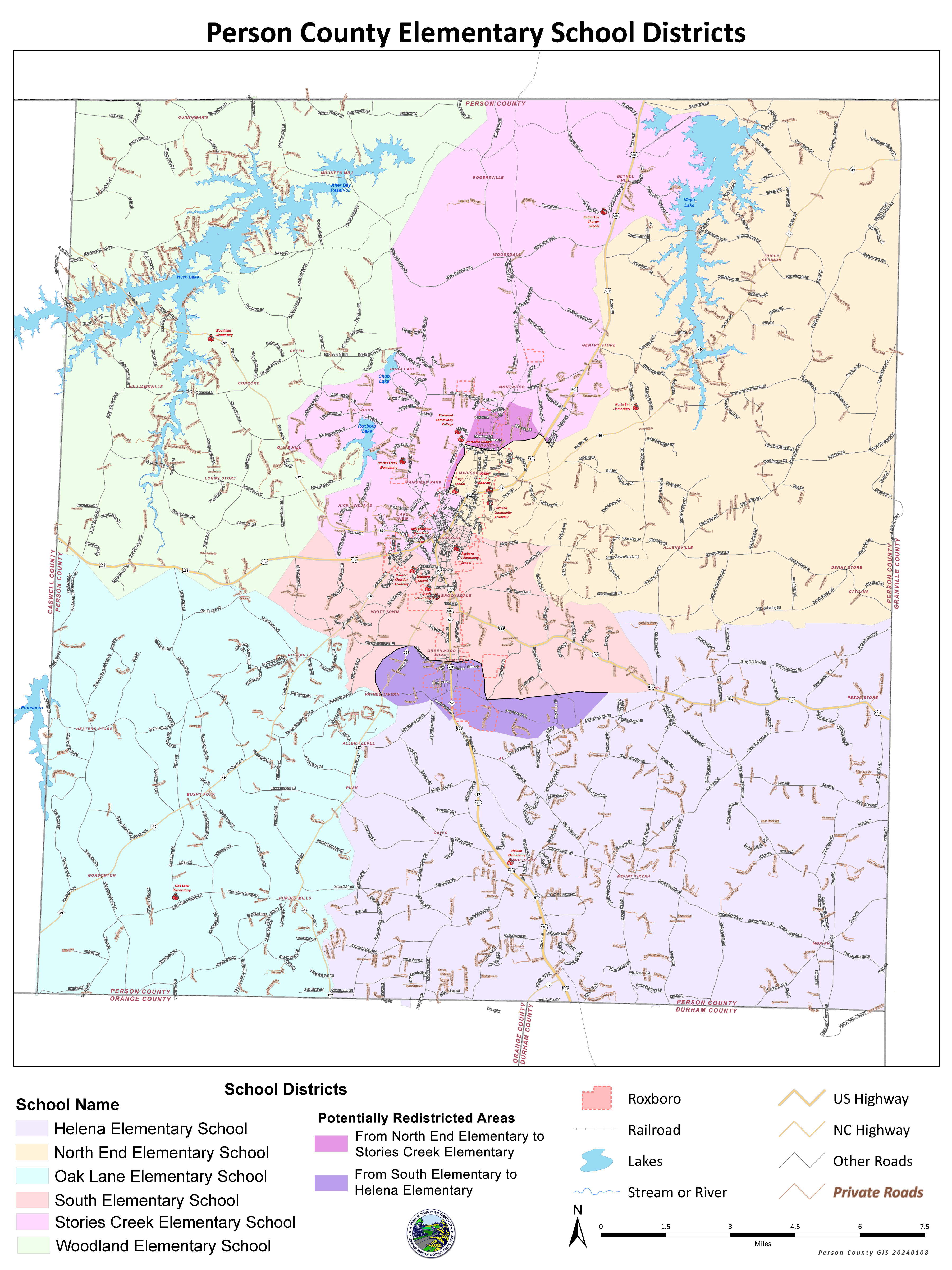 Person County map with attendance lines and redistricted areas