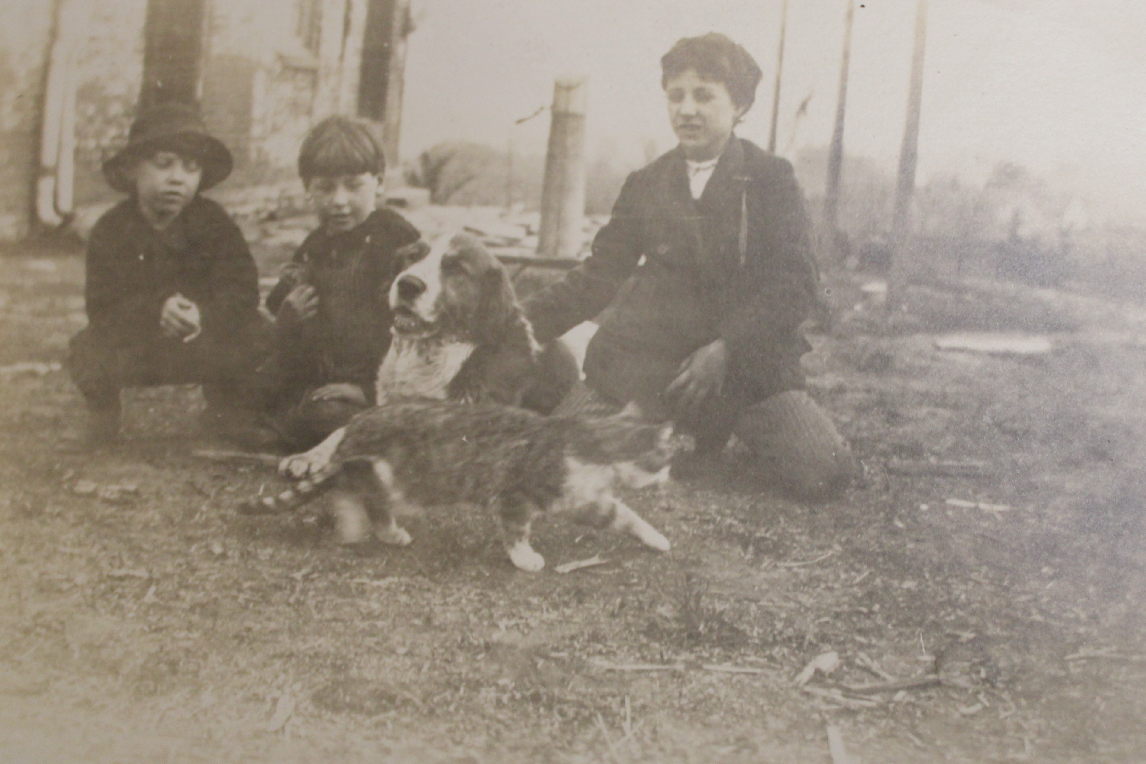 Photo of three children with a dog and cat. 