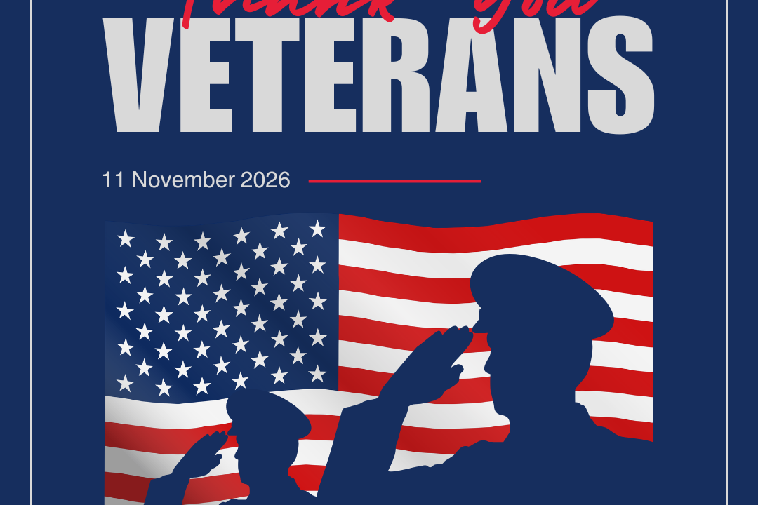 Veterans Day graphic with silhouettes of service members saluting in front of an American flag and the words “Thank You Veterans – November 11.”