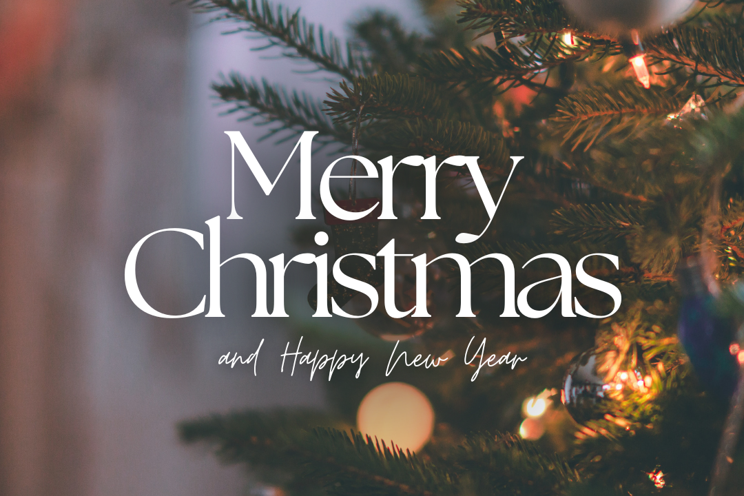 Decorated Christmas tree with lights and ornaments beside the words “Merry Christmas and Happy New Year.”