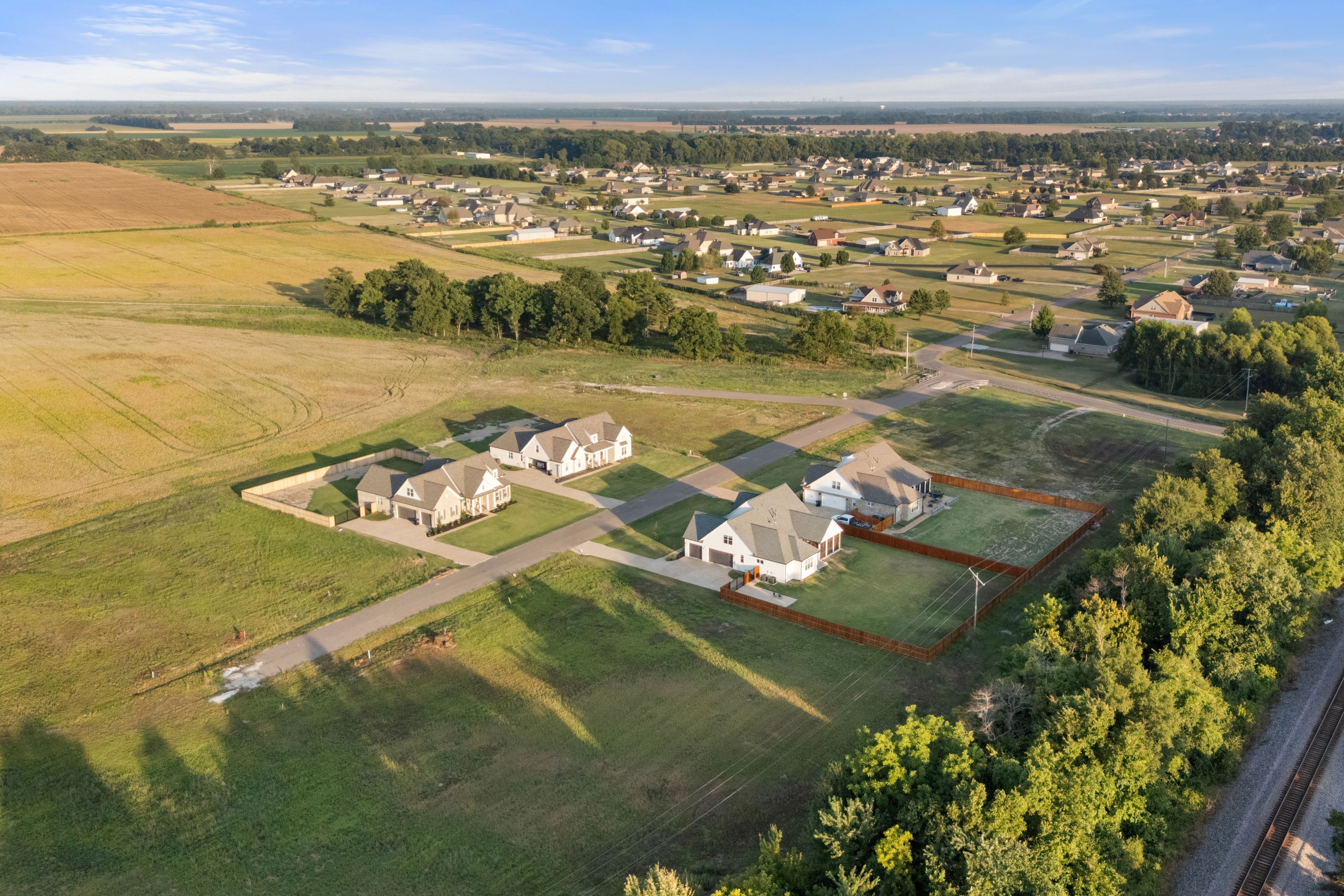 ariel view of houses and fields with trees