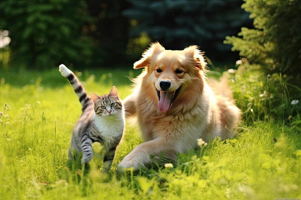 striped cat and golden dog in grass