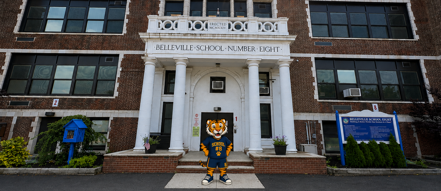 Mascot in front of School