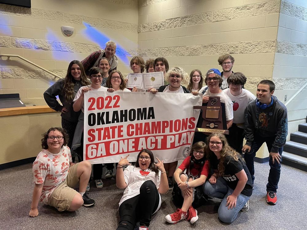 CPHS drama students pose with trophy and banner reading "2022 Oklahoma state champions 6A one act play"