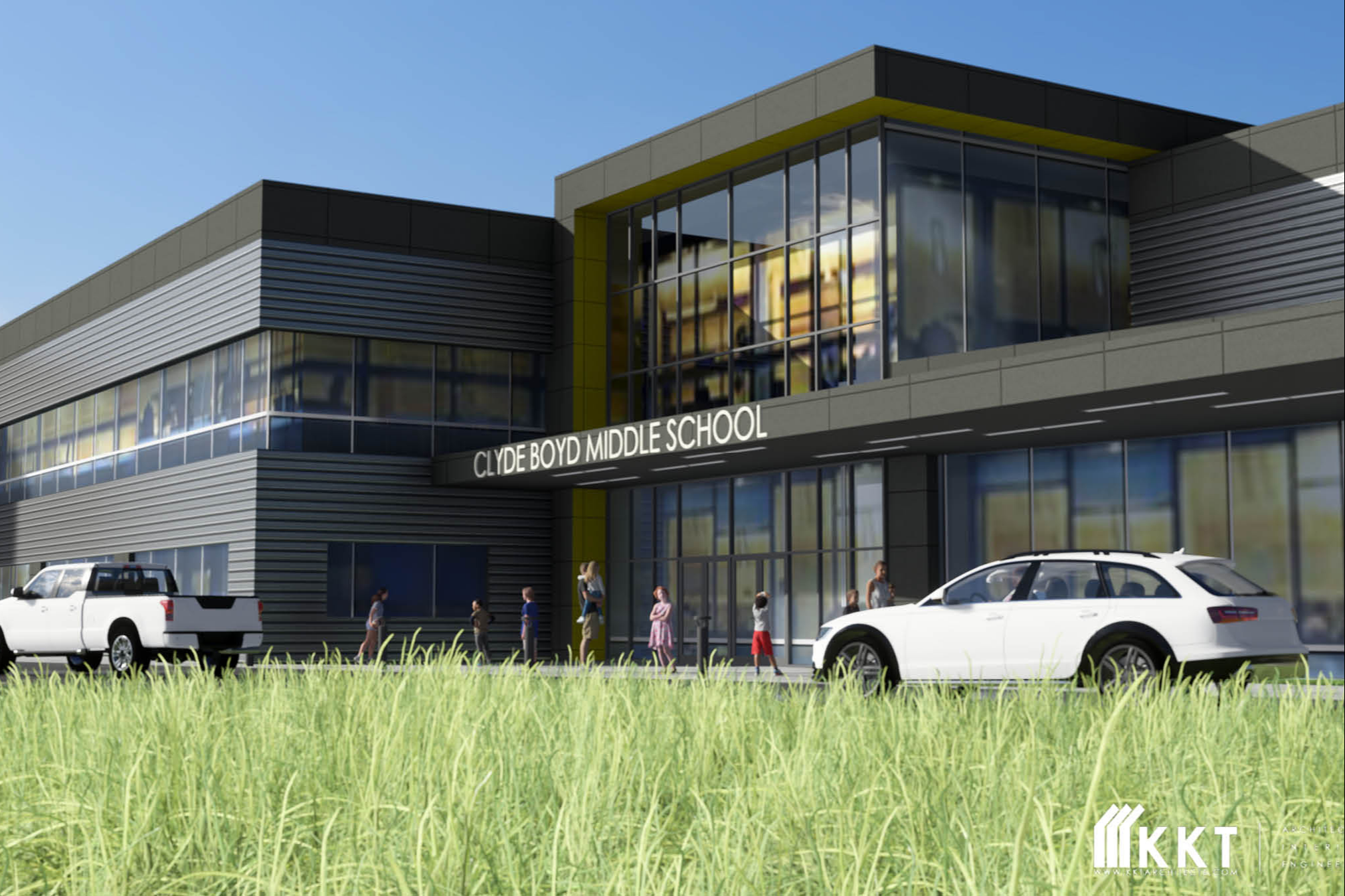 3D rendering of proposed remodel to the front of Clyde Boyd Middle School. Logo watermark of KKT Architects