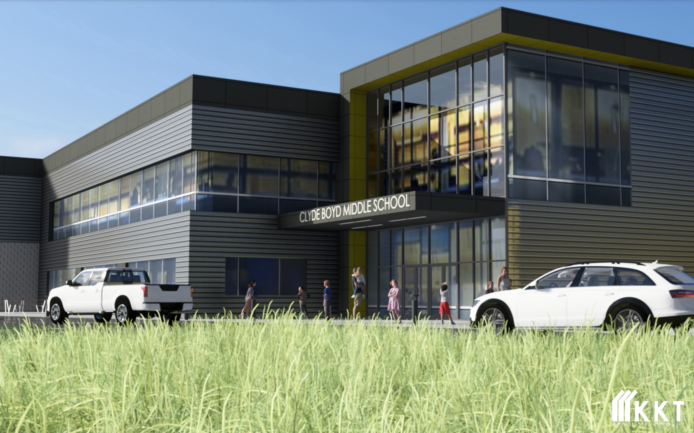 Rendering of proposed Clyde Boyd Middle School Building. Green grass, white car in front of a gray building with the text Clyde Boyd Middle School
