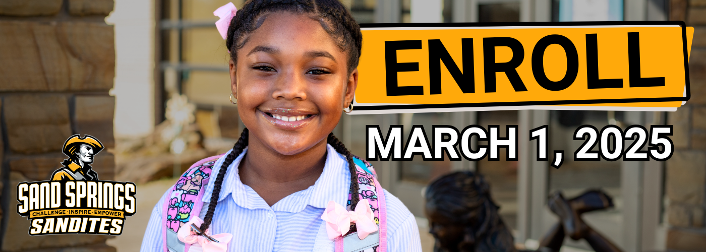 Smiling student with text "Enroll March 1, 2025"