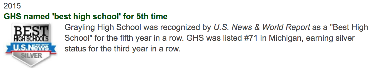 2015 US News "America's Best High School" Silver Medal Award