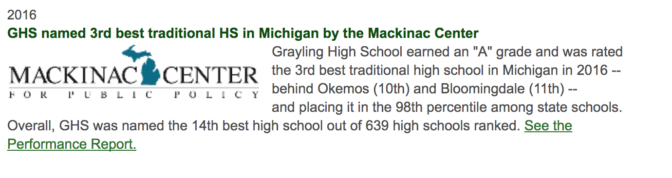 2016 GHS named 3rd best traditional HS in Michigan by the Mackinac Center