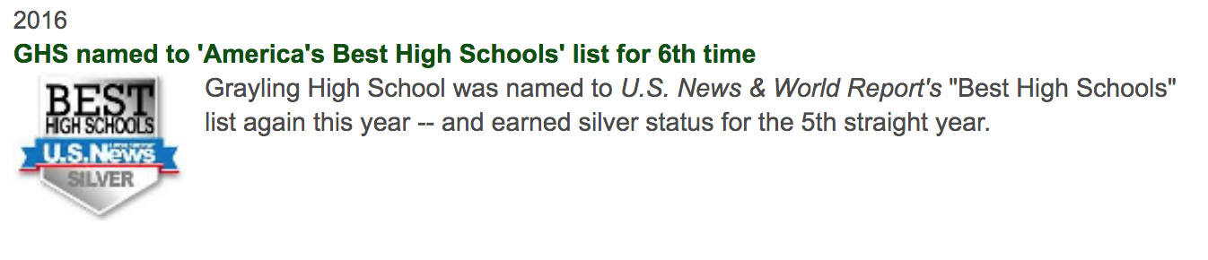 2016 US News "America's Best High School" Silver Medal Award