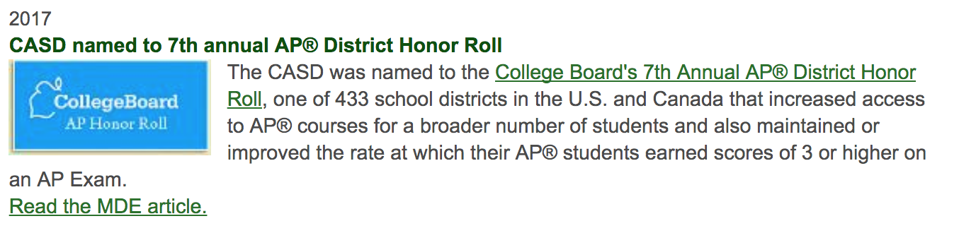 2017 CASD named to 7th annual AP District Honor Roll