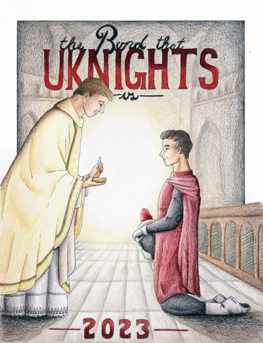 a hand-drawn image of a knight kneeling before a priest with the script "The Bond that Uknights us"