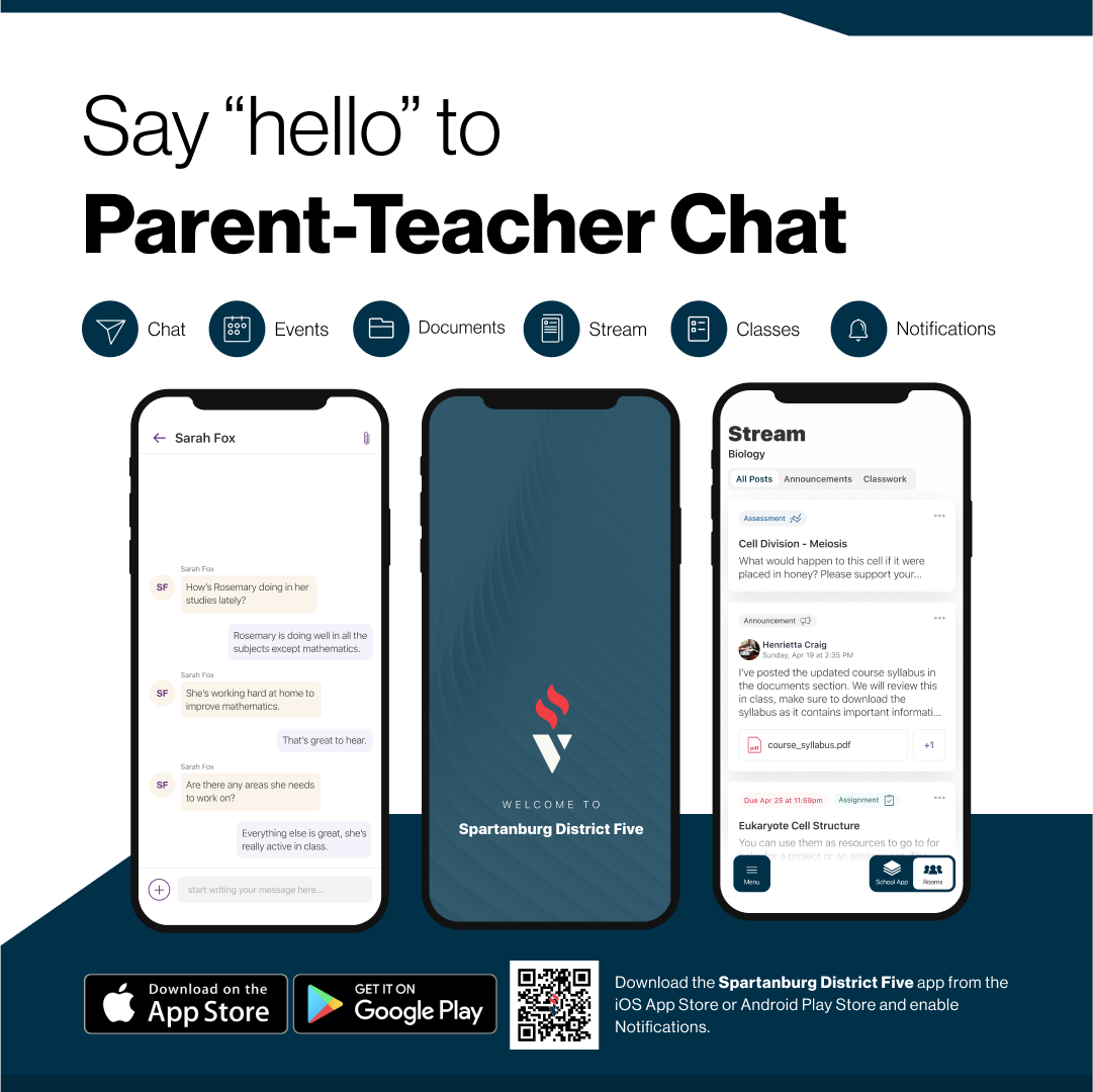 An advertiesment for the Spartanburg 5 mobile app that reads "Say hello to Parent - Teacher Chat" with links to the Spartanburg 5 mobile app.