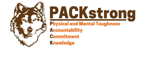 image of huskie head with PACKstrong (Physical & Mental Toughness), Accessibility, Commitment and Knowledge.