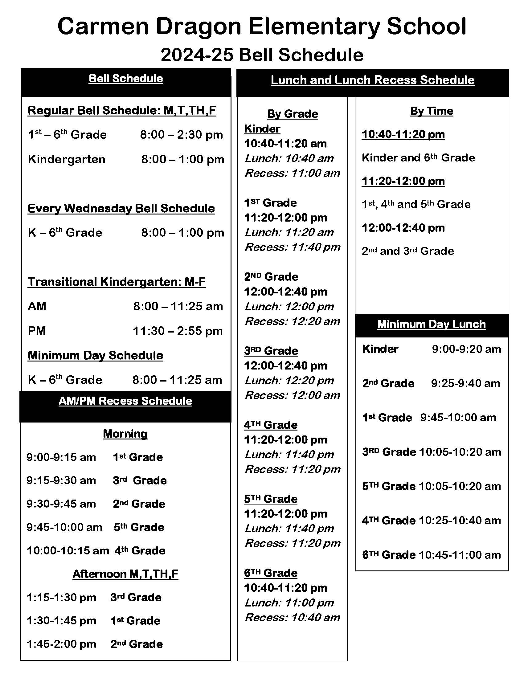 Bell Schedule | Carmen Dragon Elementary School