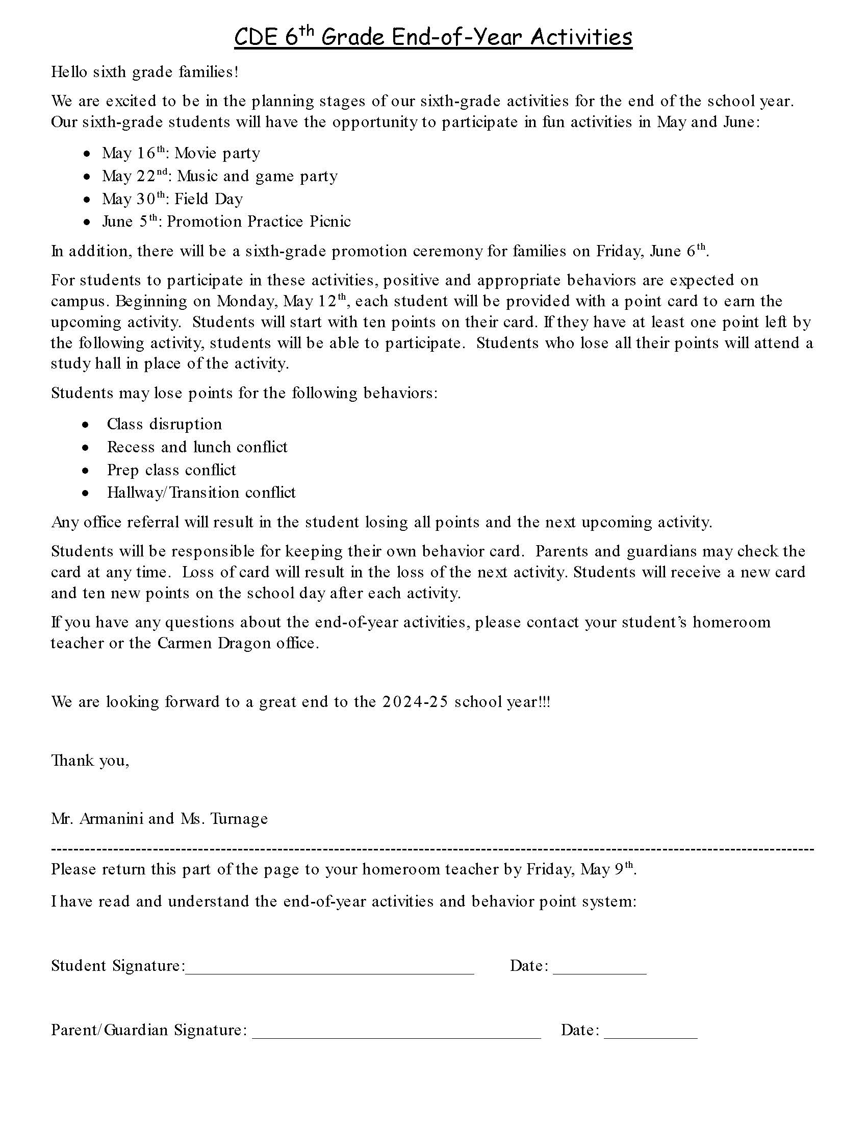 End of year behavior expectations