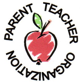 Parent teacher organization with a cartoon apple in the middle