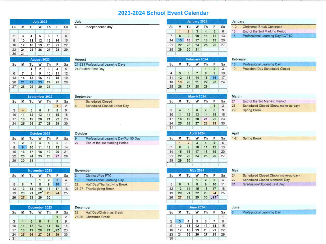 Sayre Area School District Calendar 2024 and 2025