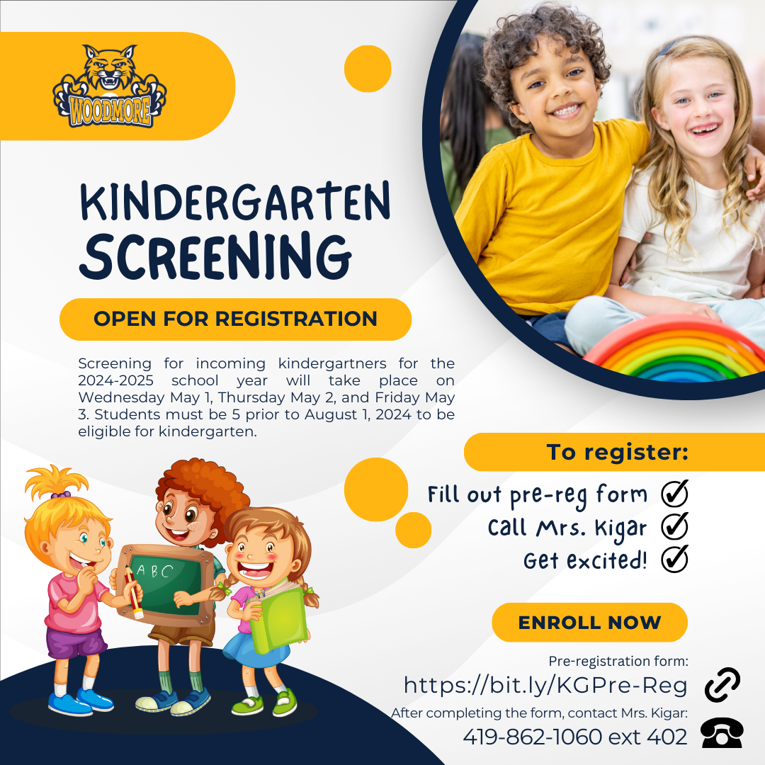 Woodmore Kindergarten screening graphic. All information on the image is published below the image in the body of the webpage.
