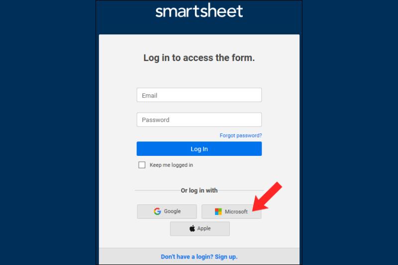 Smart sheet login screen