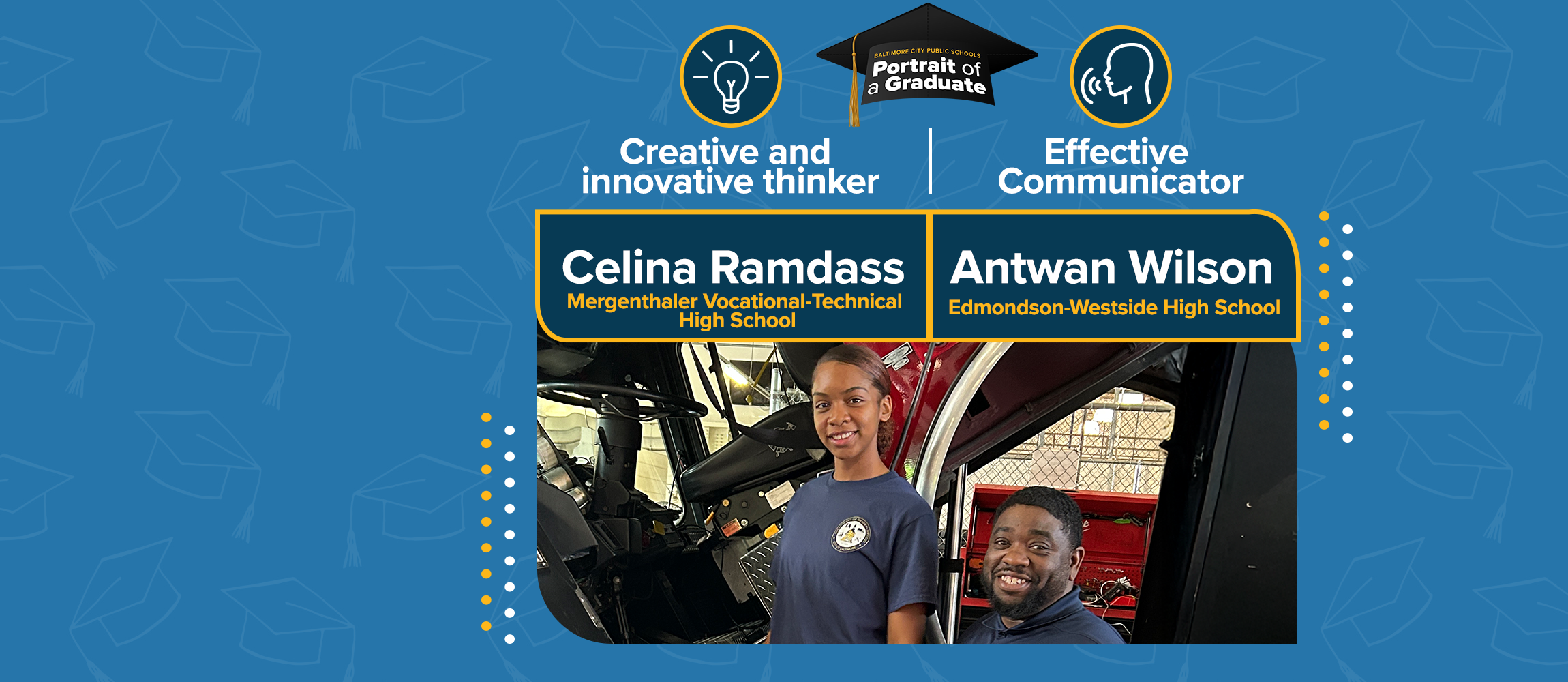 Celina, pictured left and Antwan pictured right, stand by a fire truck they are fixing. 