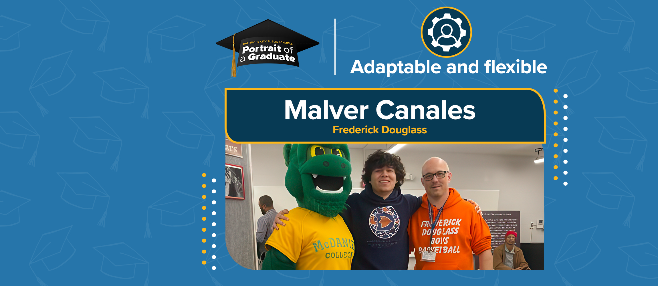 Malver poses with McDaniel mascot and his teacher at Douglass